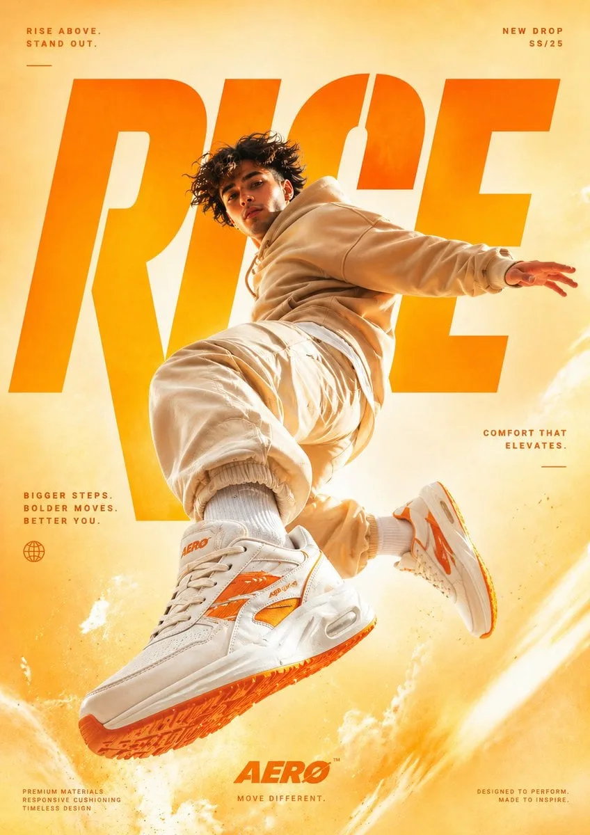 A cinematic, high-end sneaker advertisement poster featur...