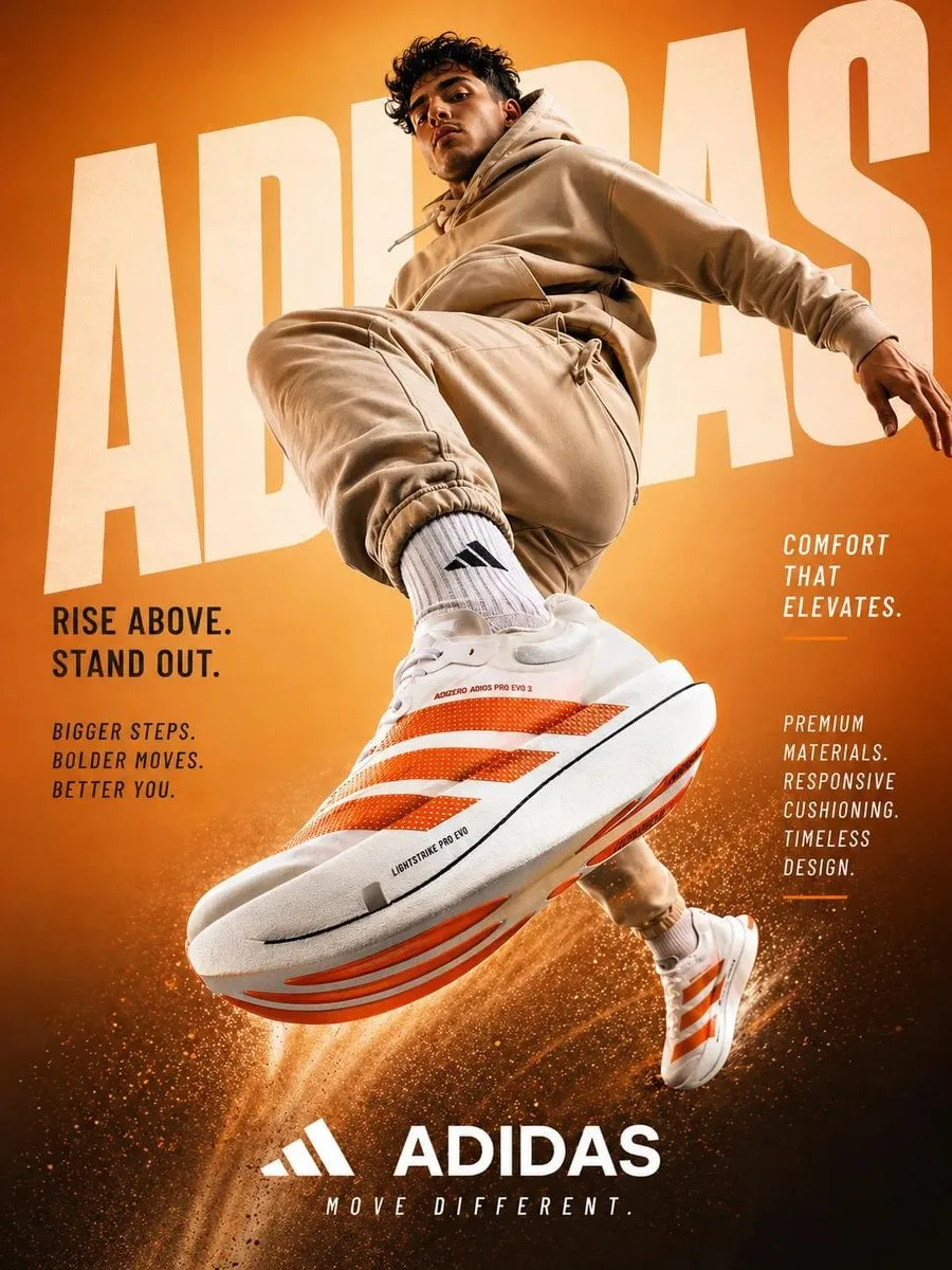A dynamic sportswear advertisement featuring a young athl...