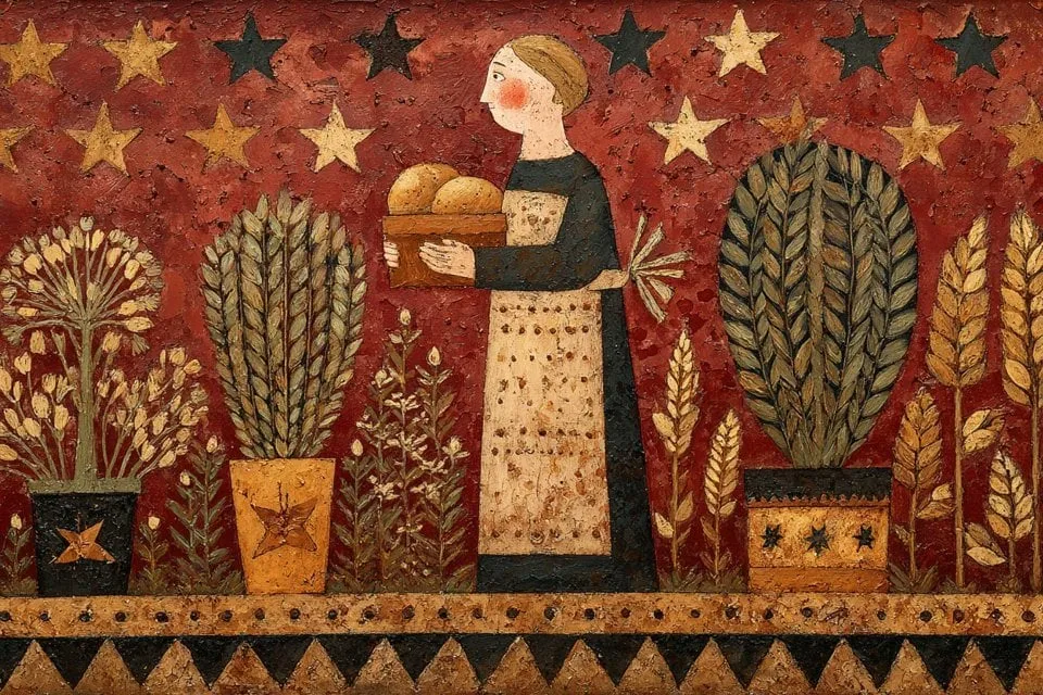 A naive folk art painting of [subject], surrounded by sym...