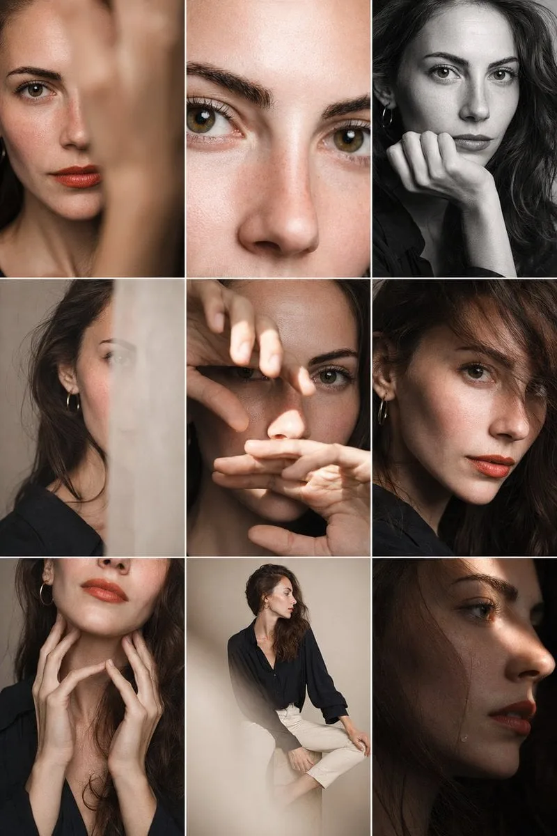 Editorial 3x3 photo grid in a clean soft beige studio. Ch...