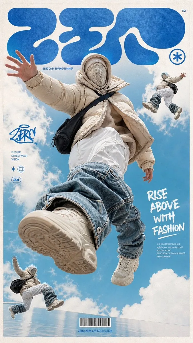 A high-end trendy streetwear poster. The subject of the picture is a …
