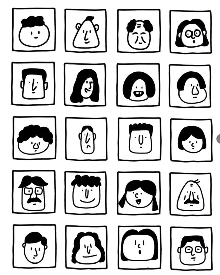 A black and white minimalist hand-drawn character avatar grid, strict…
