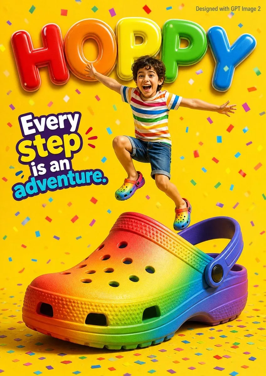 A vibrant children’s shoe advertisement poster featuring ...