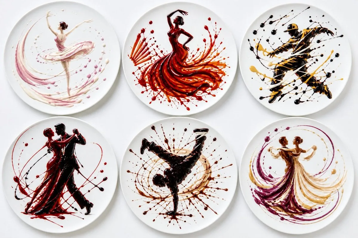 Six round white plates, each with a different dance form ...