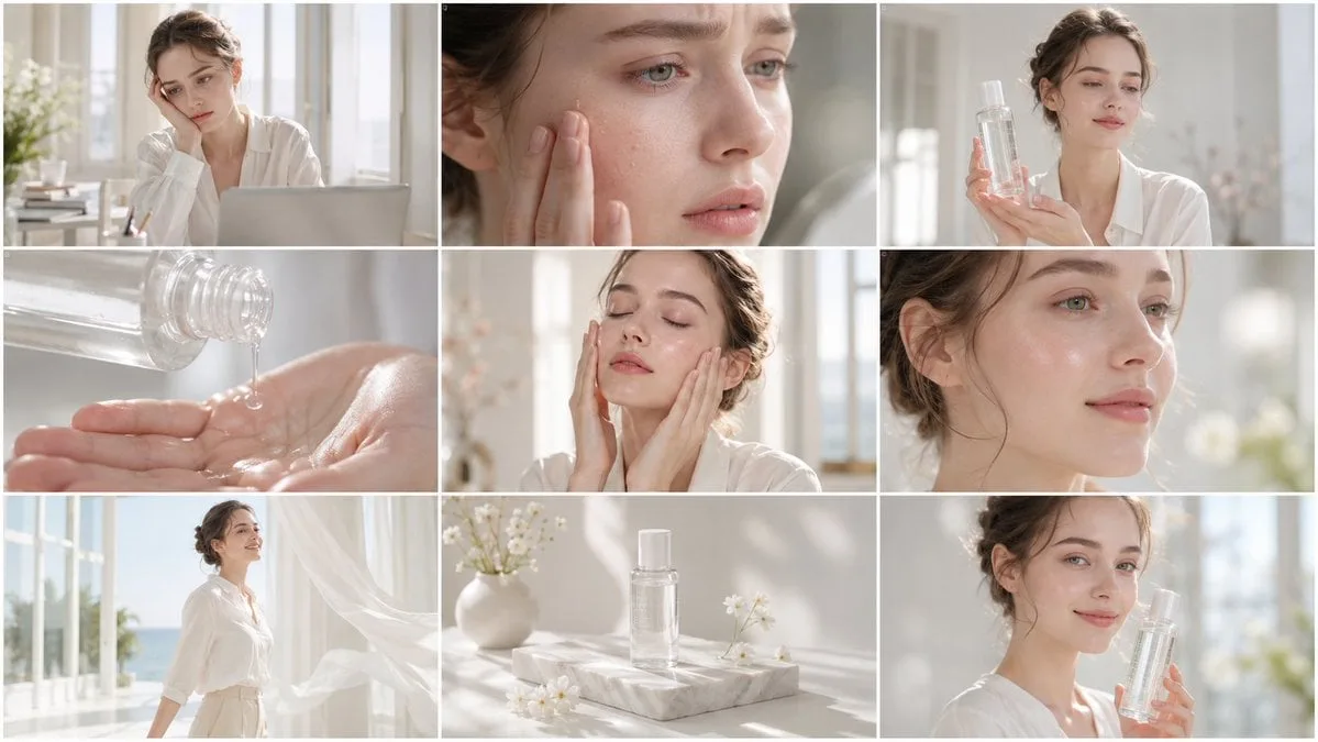 Create a clean, bright skincare commercial storyboard in ...
