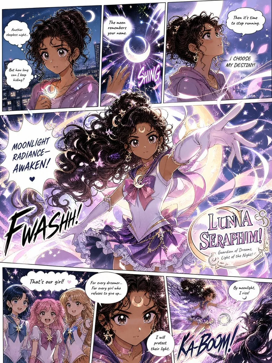 Create a full-page colored magical-girl manga illustratio...
