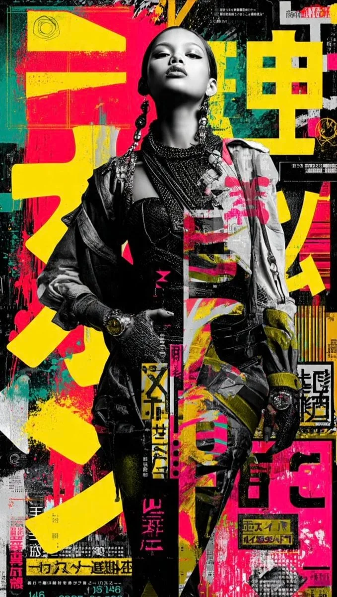 A striking, avant-garde editorial collage featuring a con...