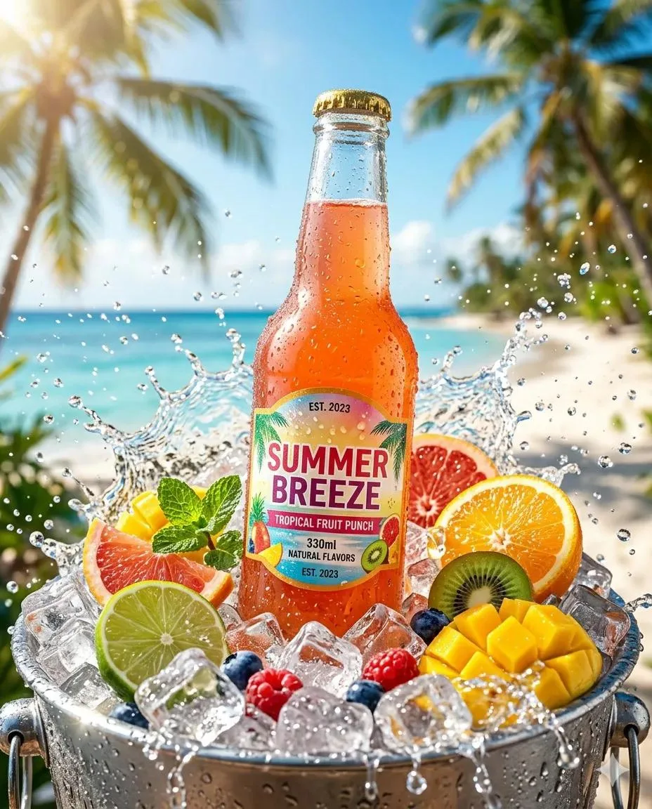 A refreshing cold drink bottle placed on wet ice cubes, s...