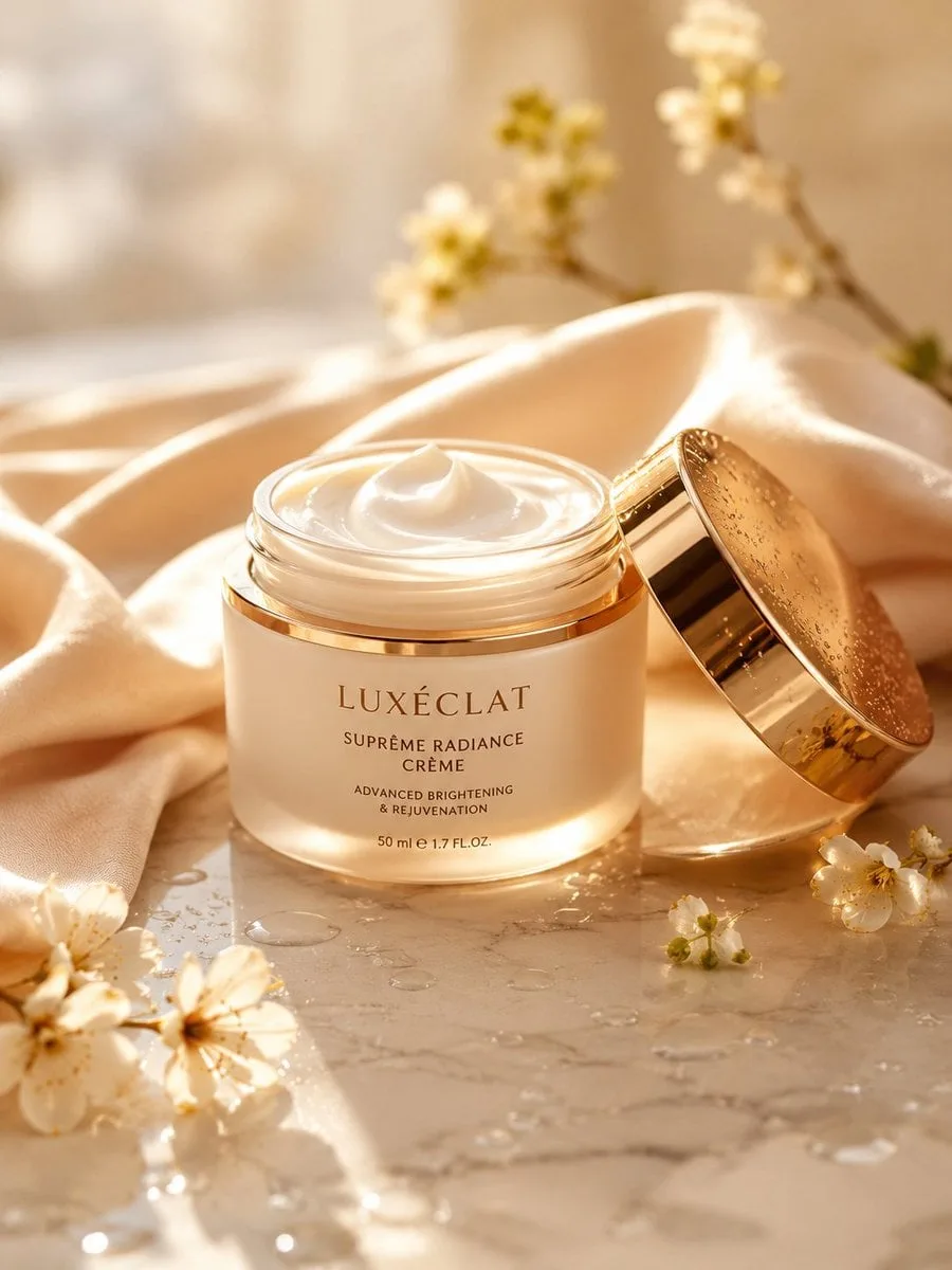 A premium skincare cream jar placed on a smooth marble su...