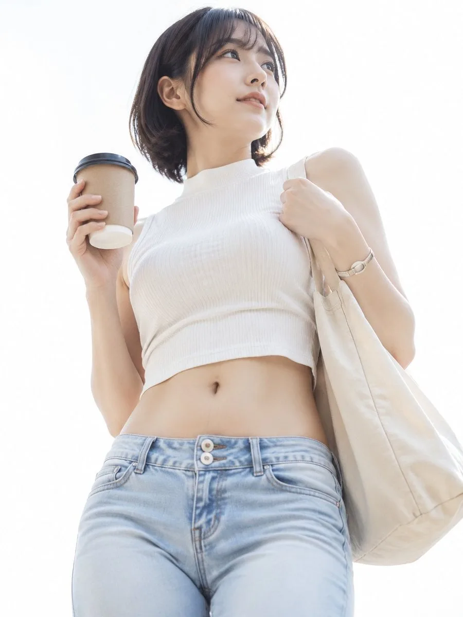 A fresh high-key white-background lifestyle portrait of a...