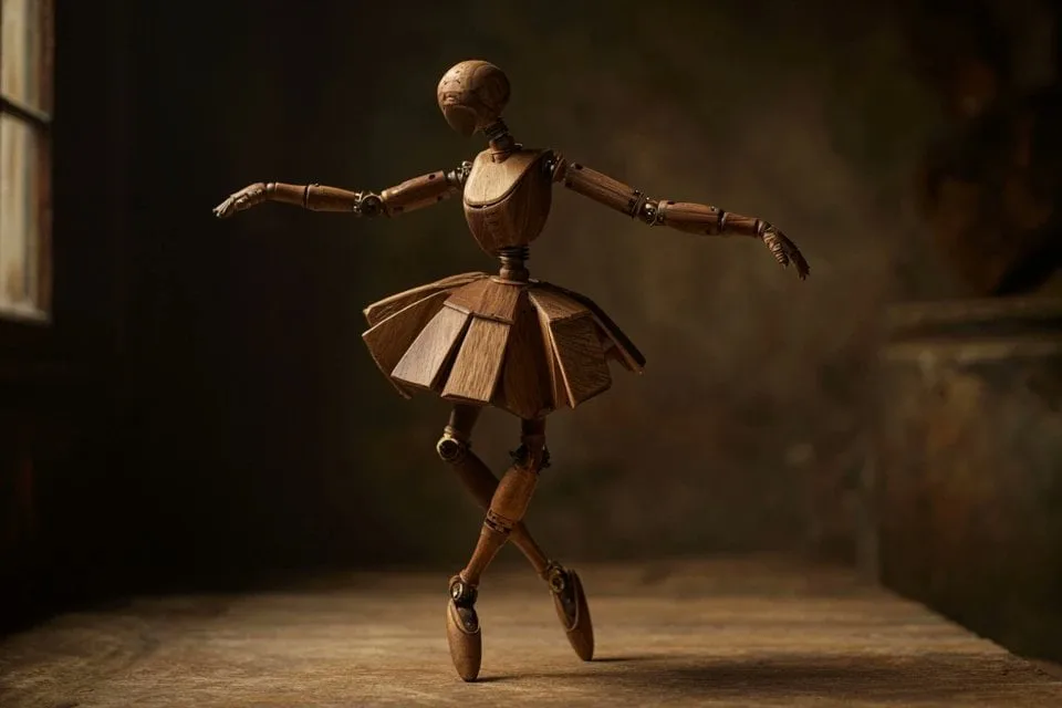 A wooden automaton version of a [subject], jointed with b...