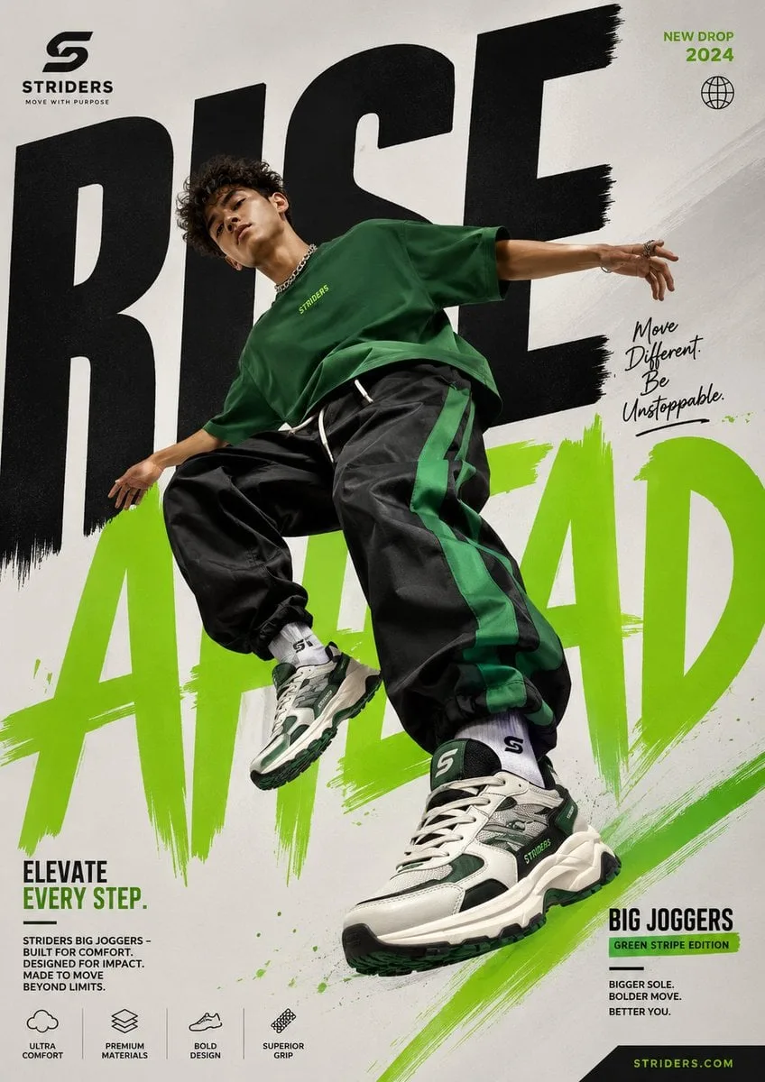 Generate a perfectly graphic designed poster of Shoe adve...