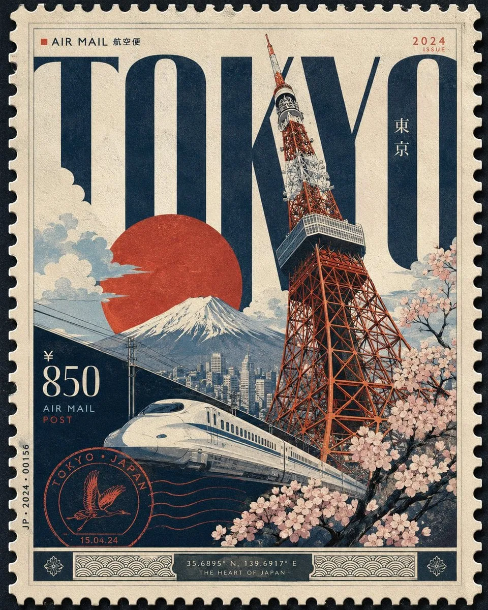 Design a premium 4:5 collectible postal-stamp poster for ...