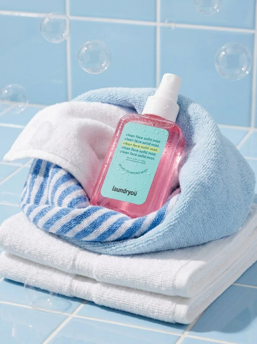 A translucent pink facial mist spray bottle with a white ...