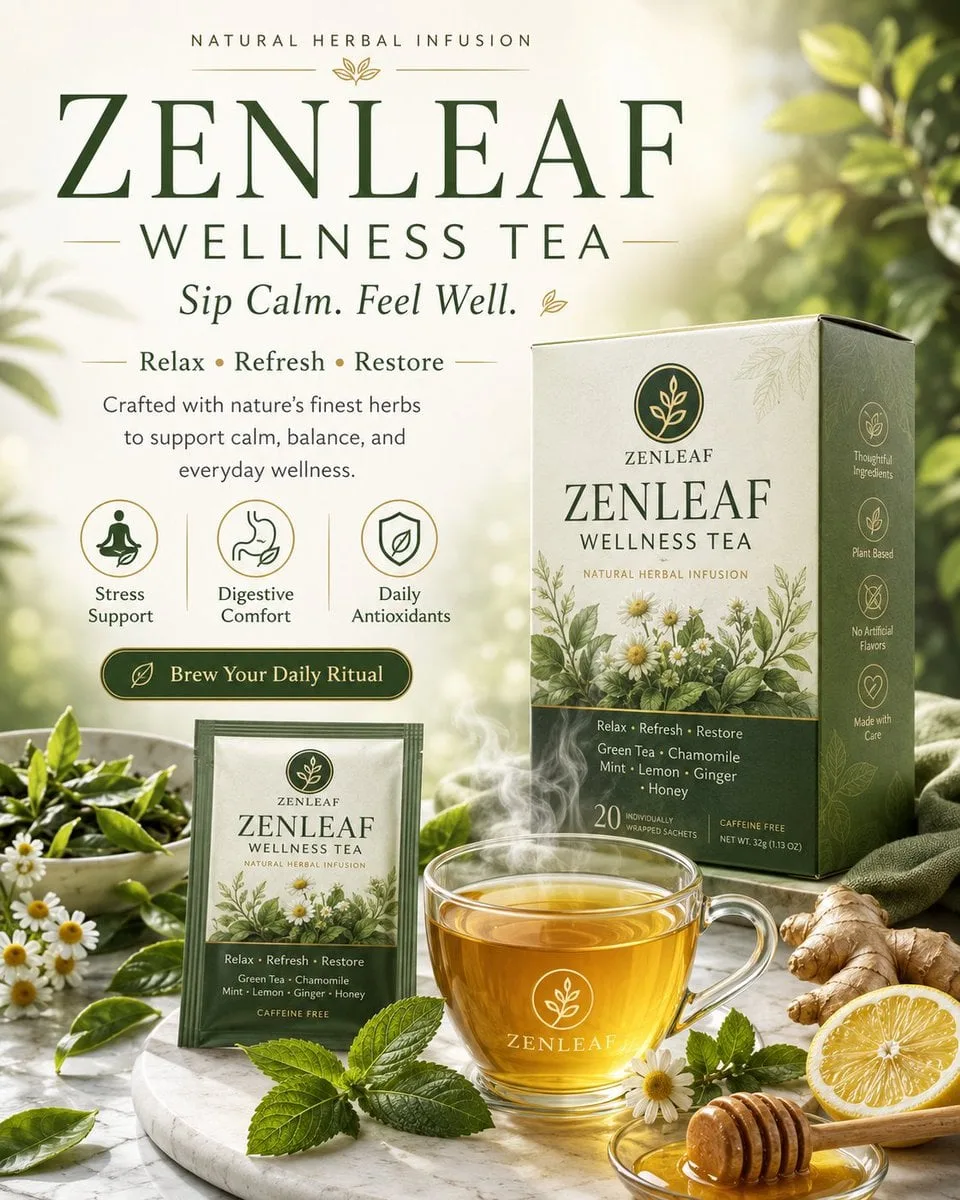 Create a premium wellness advertising poster for a tea br...