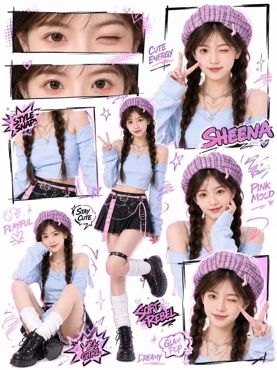 Create a high-quality Y2K kawaii street-style collage pos...