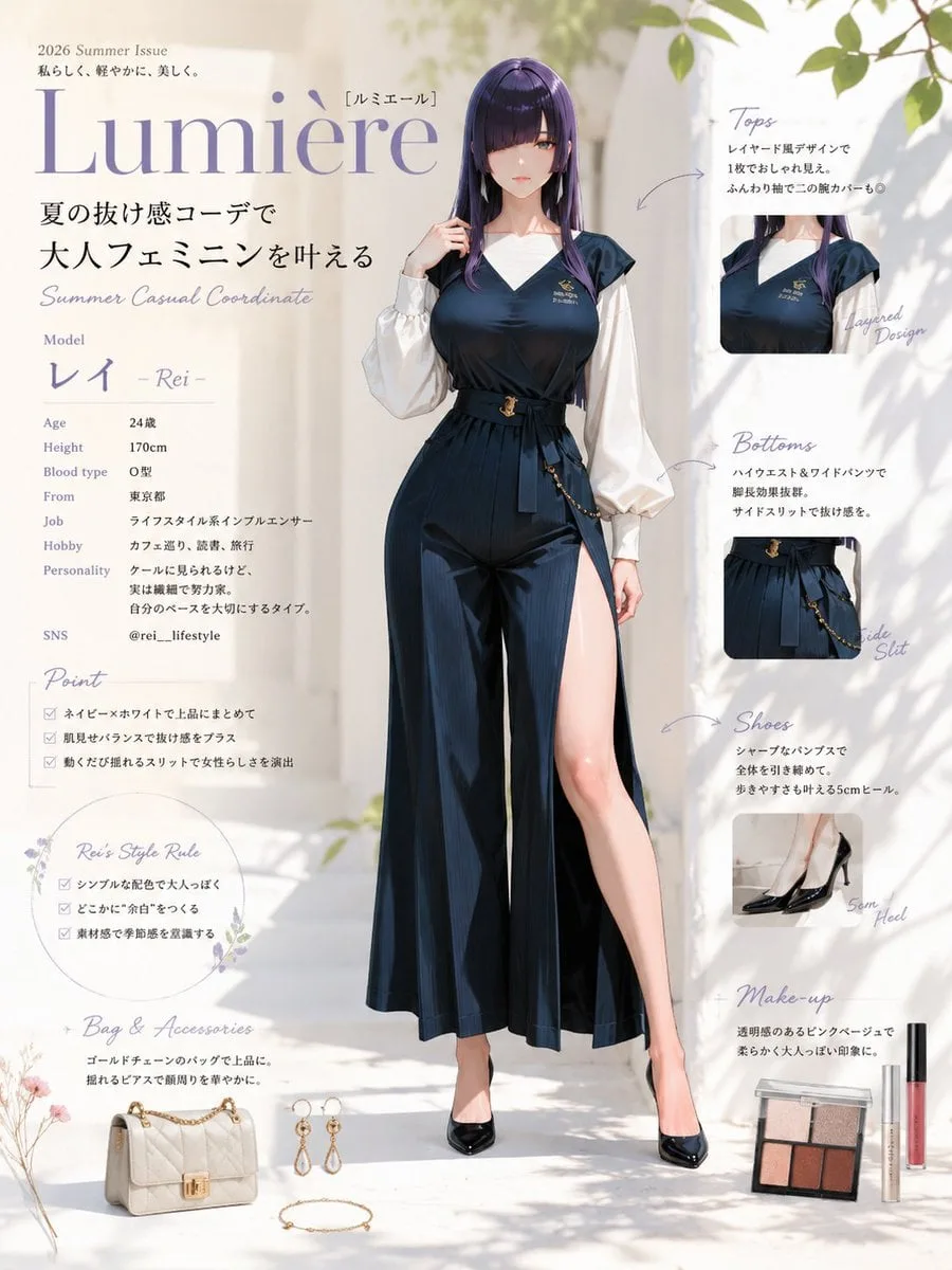 A stylish young woman with sleek, dark violet hair stands...