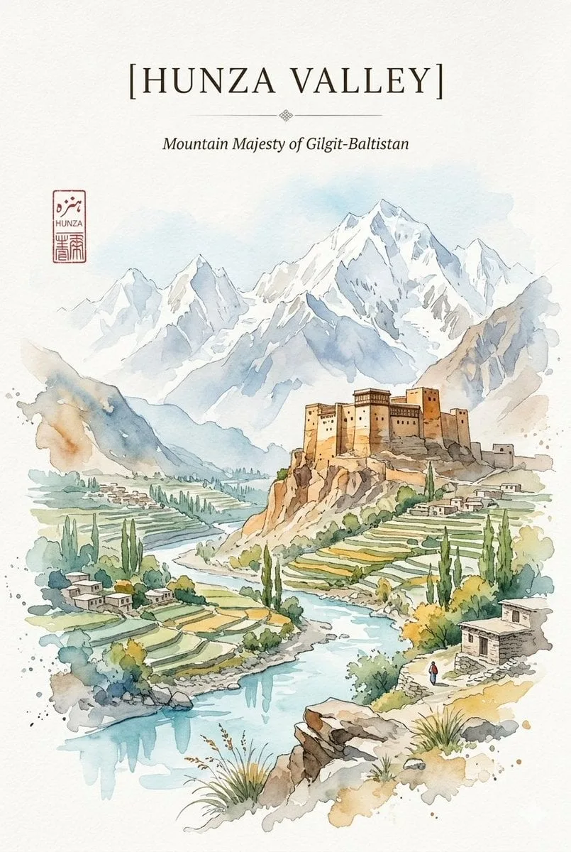 Watercolor travel poster that harmonizes the rugged herit...