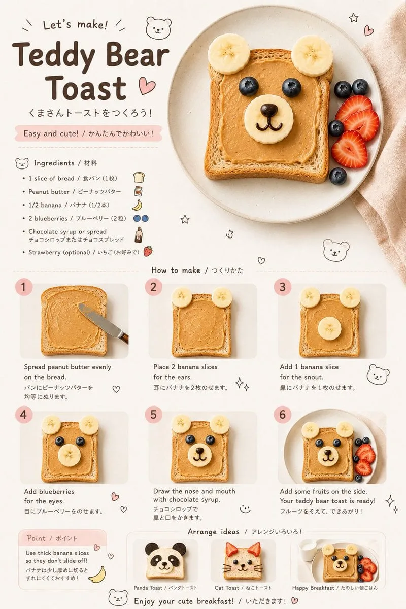 Create a realistic children’s food-art recipe infographic...