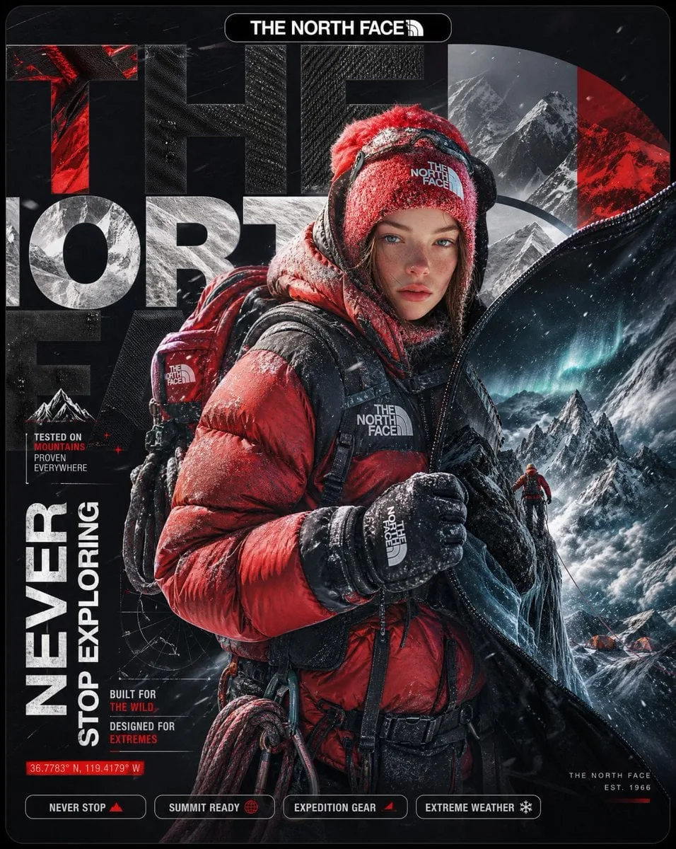 A hyper-detailed surreal advertising poster for The North...