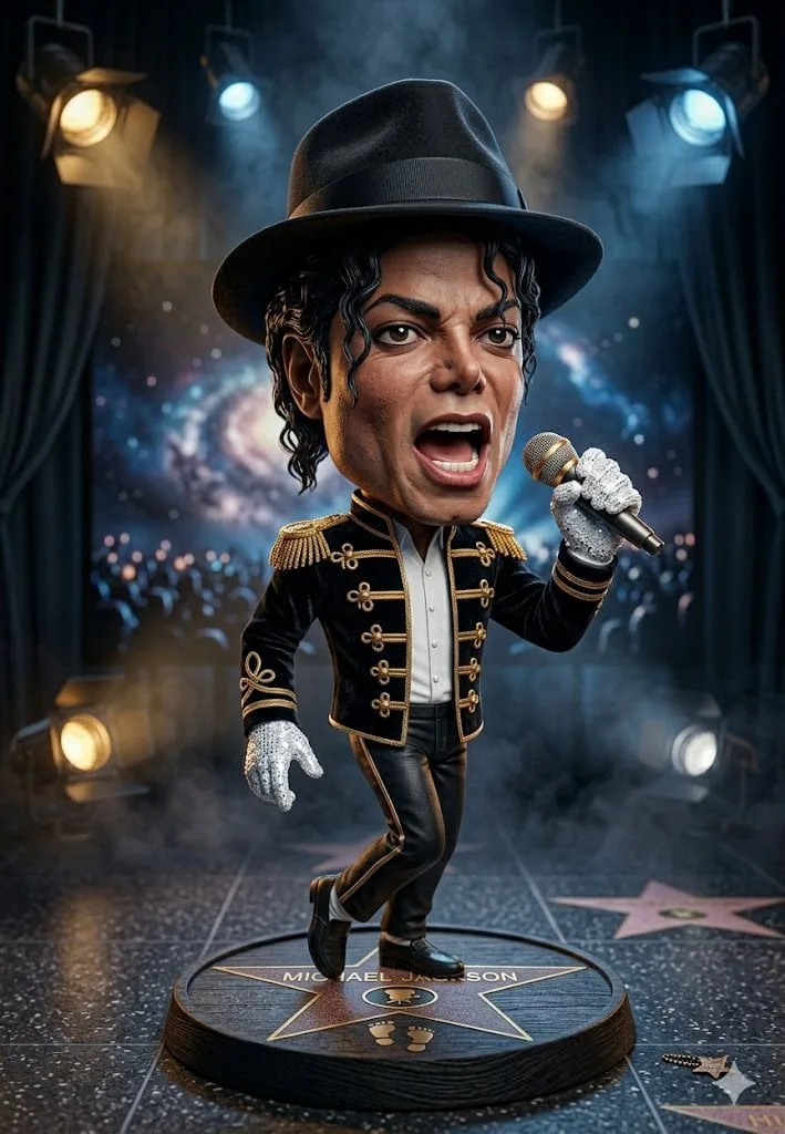 A hyper-detailed 3D caricature figurine of a legendary po...