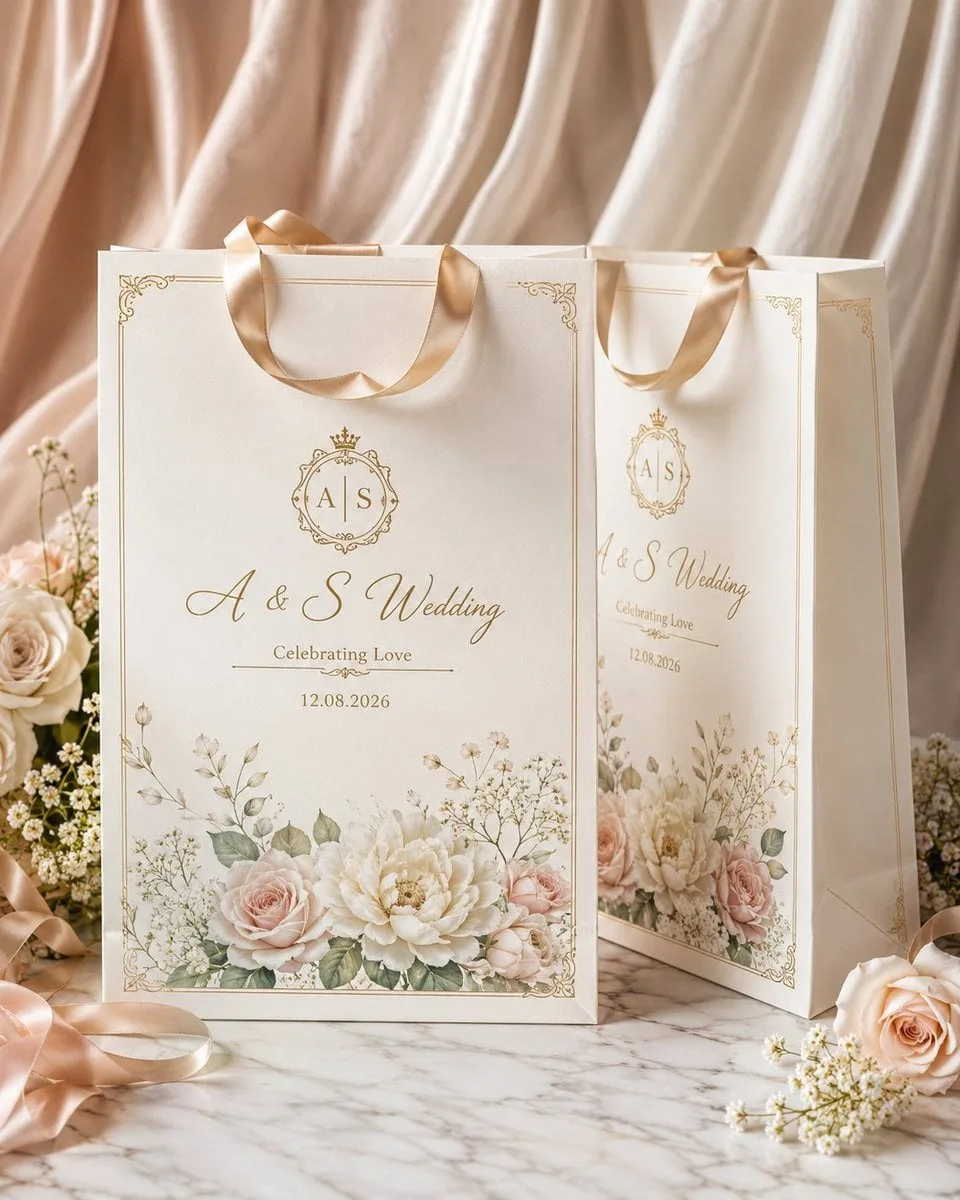 Create a high-end luxury wedding gift bag mockup in a cle...