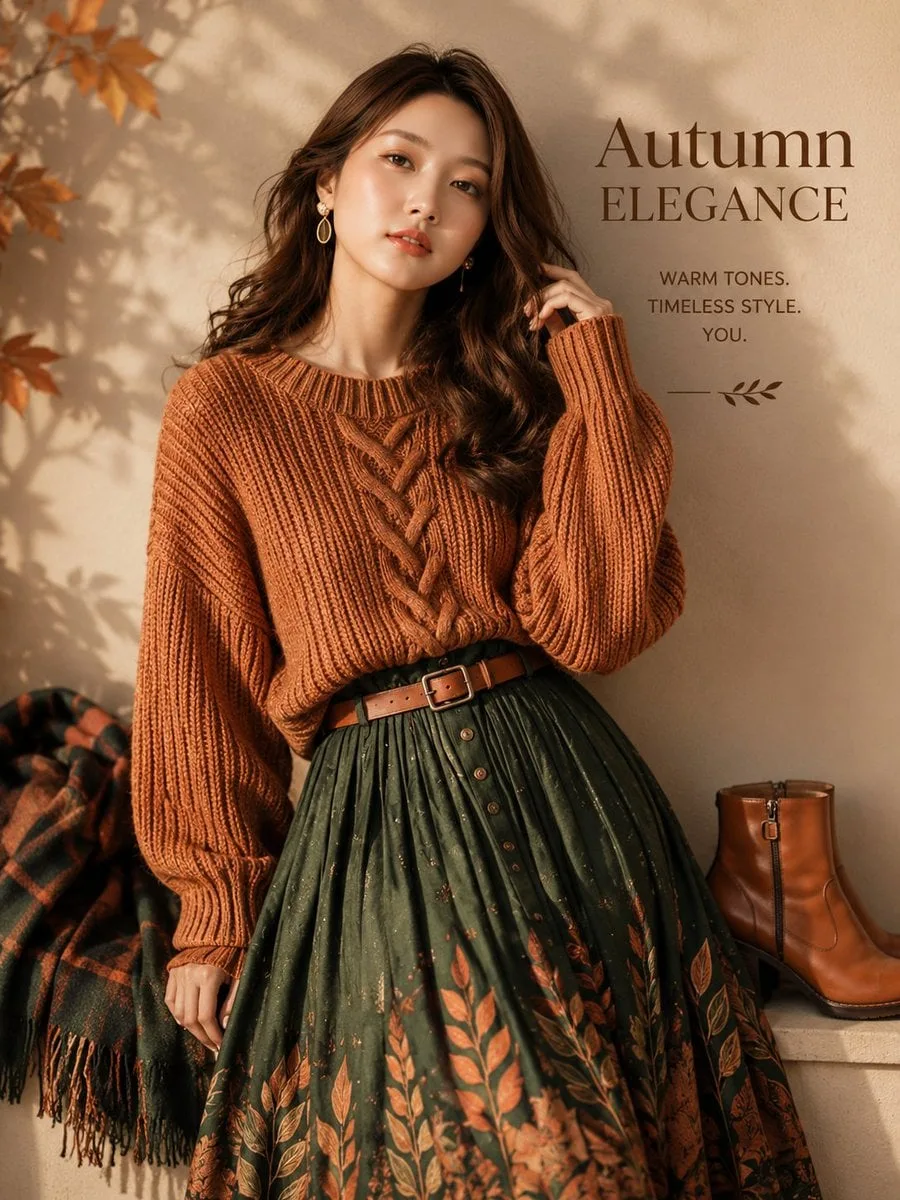 Ultra-realistic autumn fashion editorial poster featuring...