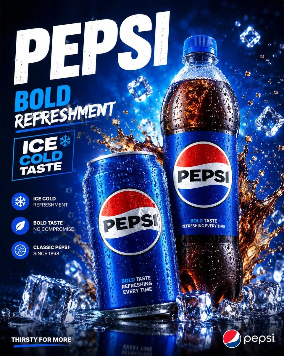 Create a premium Pepsi drinks packaging advertisement pos...