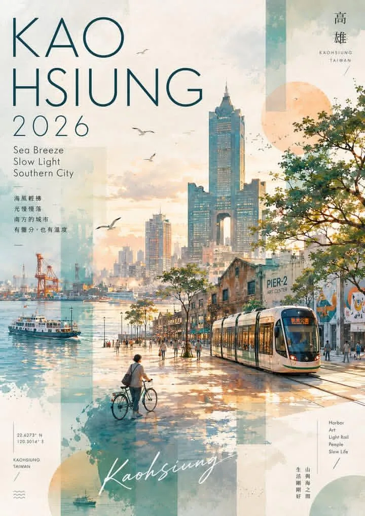 Watercolor and collage travel poster for Kaohsiung, Taiwa...