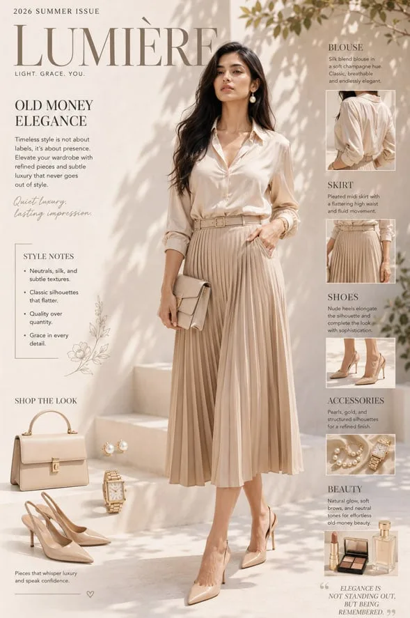 A high-fashion editorial cover featuring an elegant India...