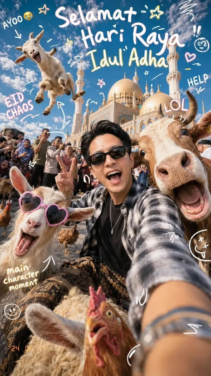 Ultra-realistic super cute chaotic Eid al-Adha selfie pho...
