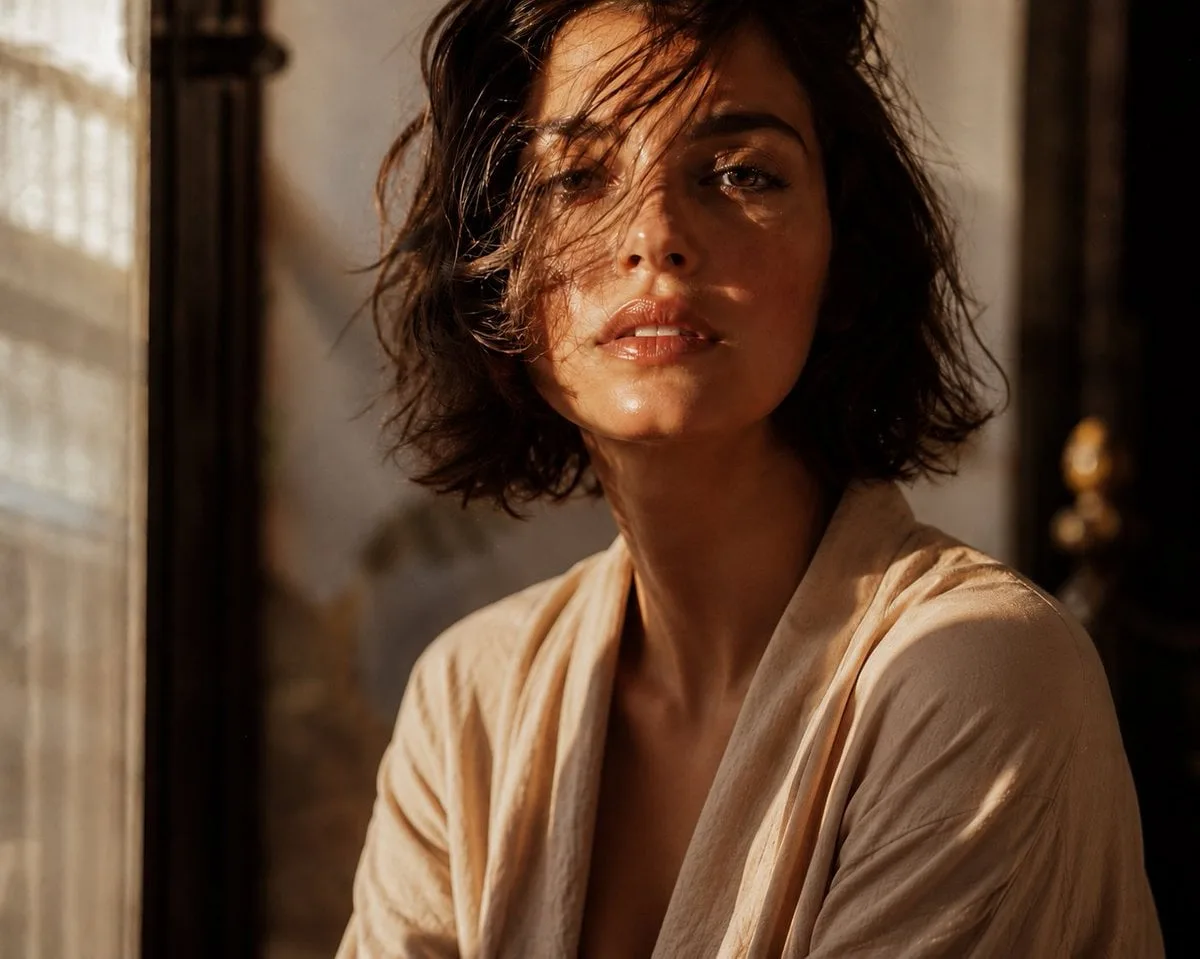 Cinematic editorial close-up of an elegant young woman wi...