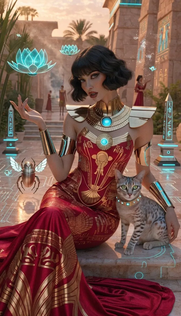 Photorealistic retro-futuristic Egyptian cyberpunk queen ...