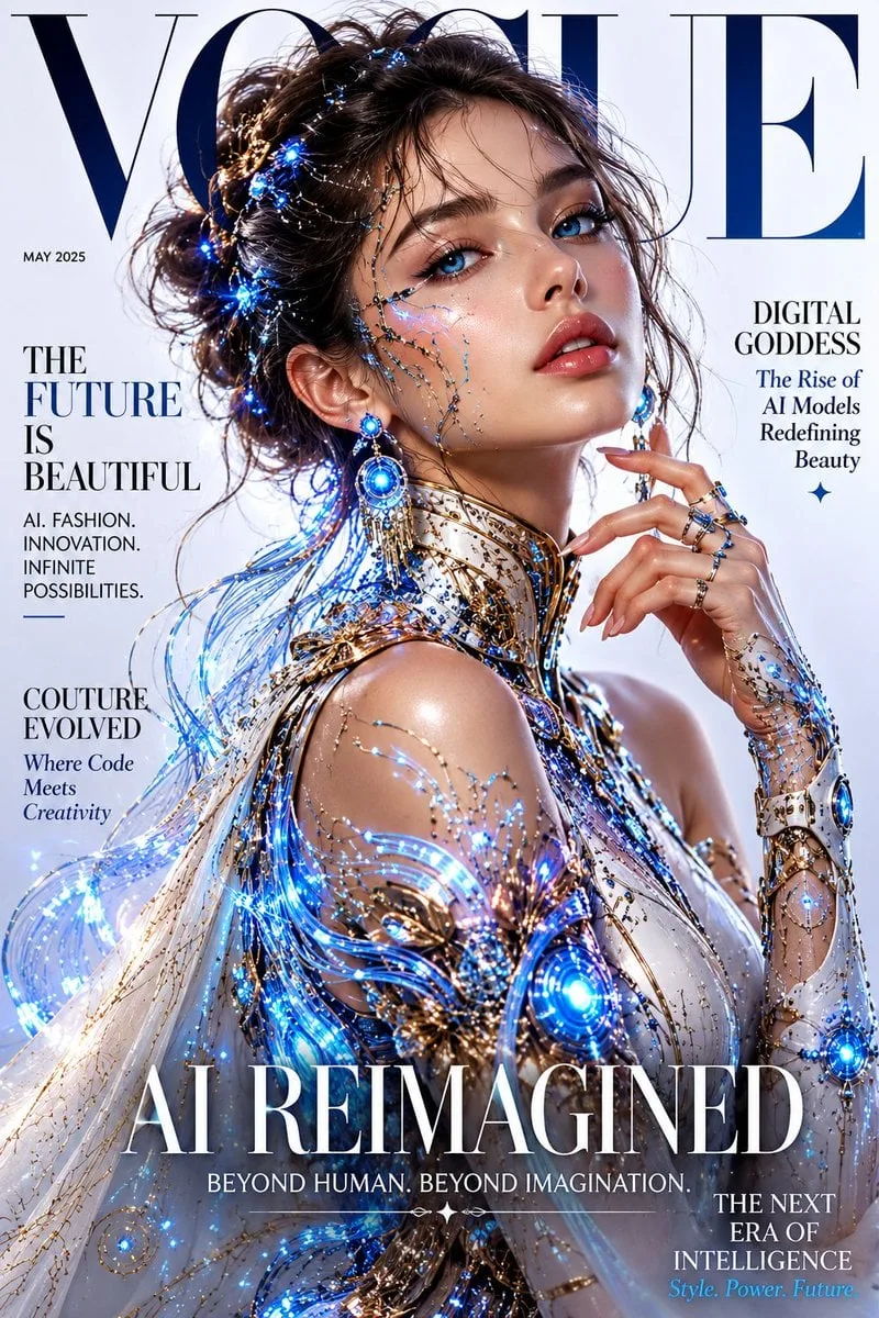 Professional magazine cover design, Vogue style, fictiona...