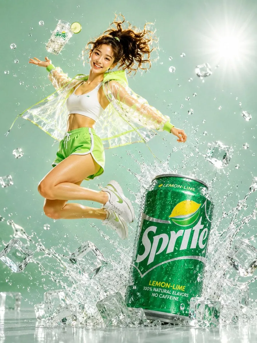 A young woman mid-air jumping pose, high ponytail flying,...