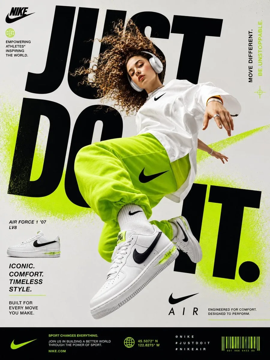 Generate a perfectly graphic designed poster of Nike Shoe...