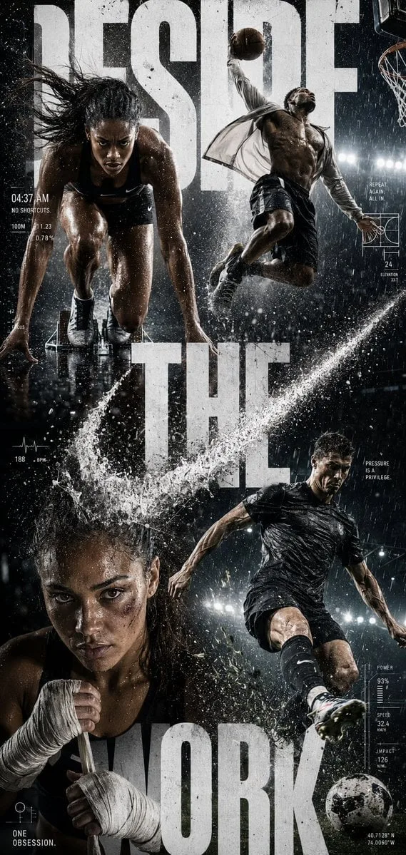 Create a hyper-realistic global sportswear campaign poste...