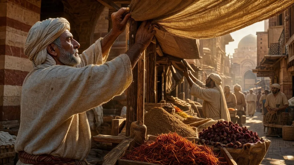 A bustling 14th-century Egyptian spice market at early mo...