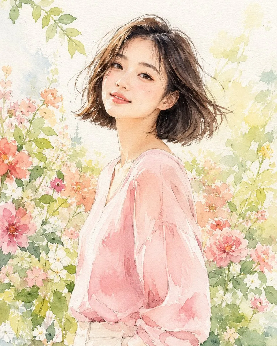 Fashion editorial watercolor portrait illustration of a y...