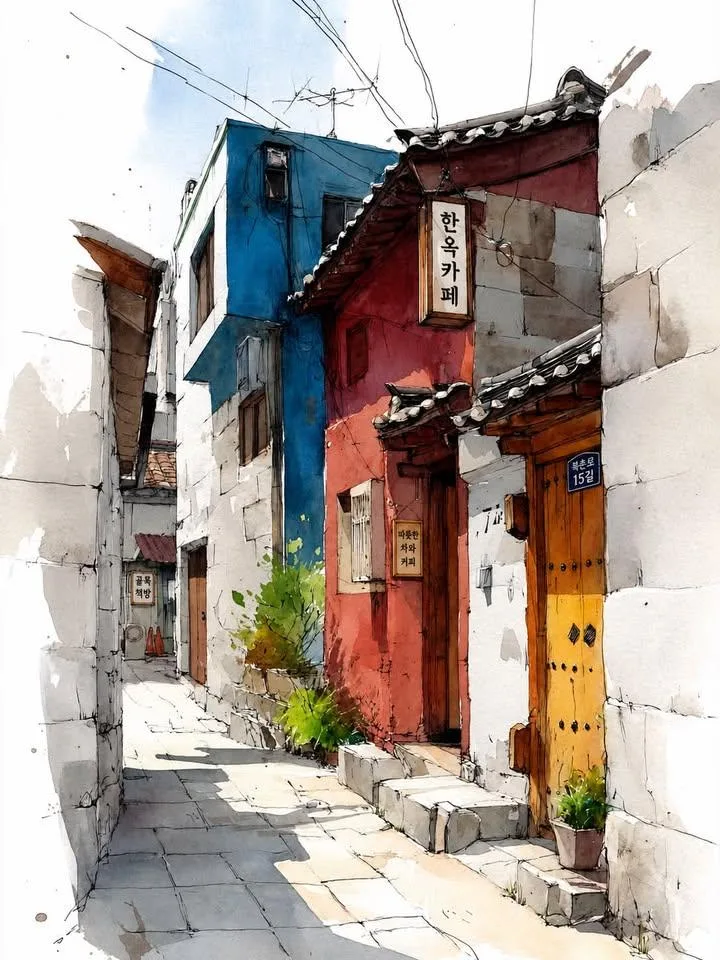 Watercolor urban sketch, narrow alley in traditional Kore...