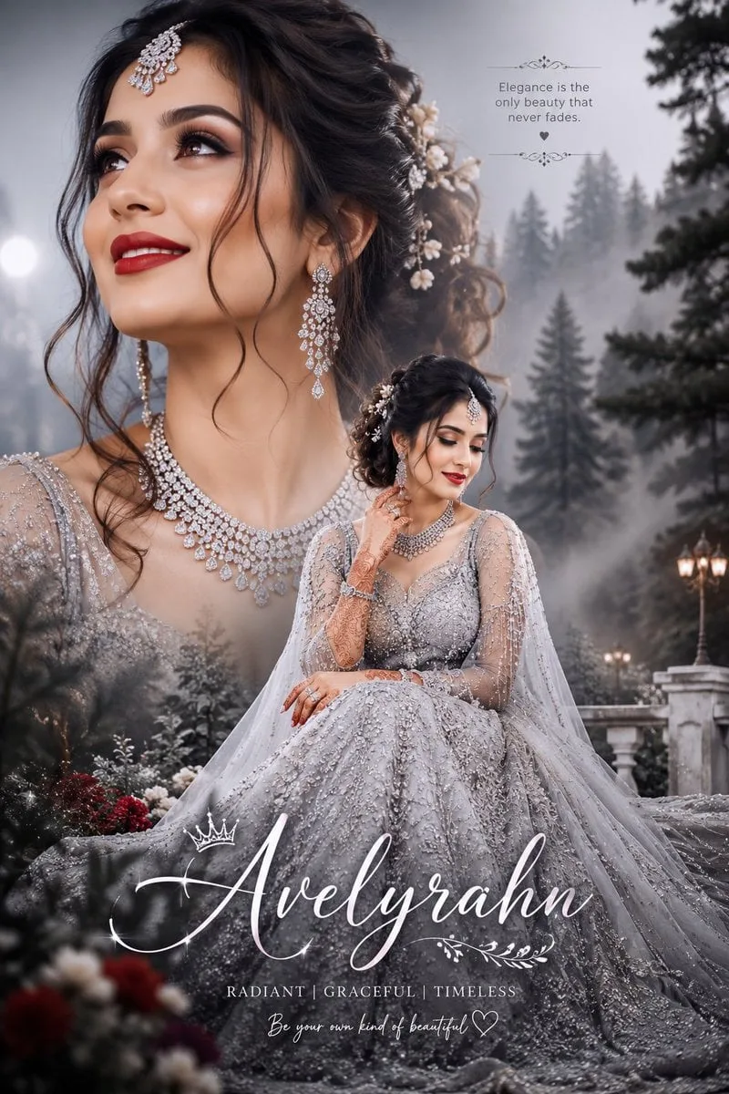 Ultra-realistic bridal portrait collage, beautiful Indian...