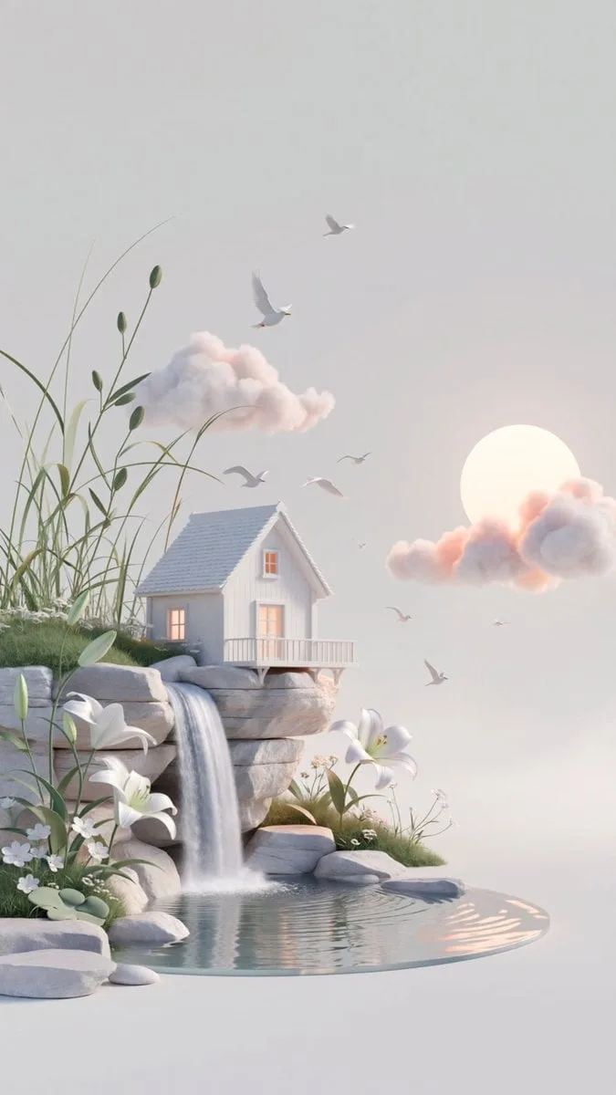 dreamy surreal 3D illustration, vertical composition with...