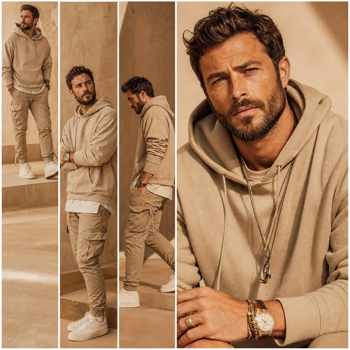 A premium fashion lookbook multi-panel collage grid featu...
