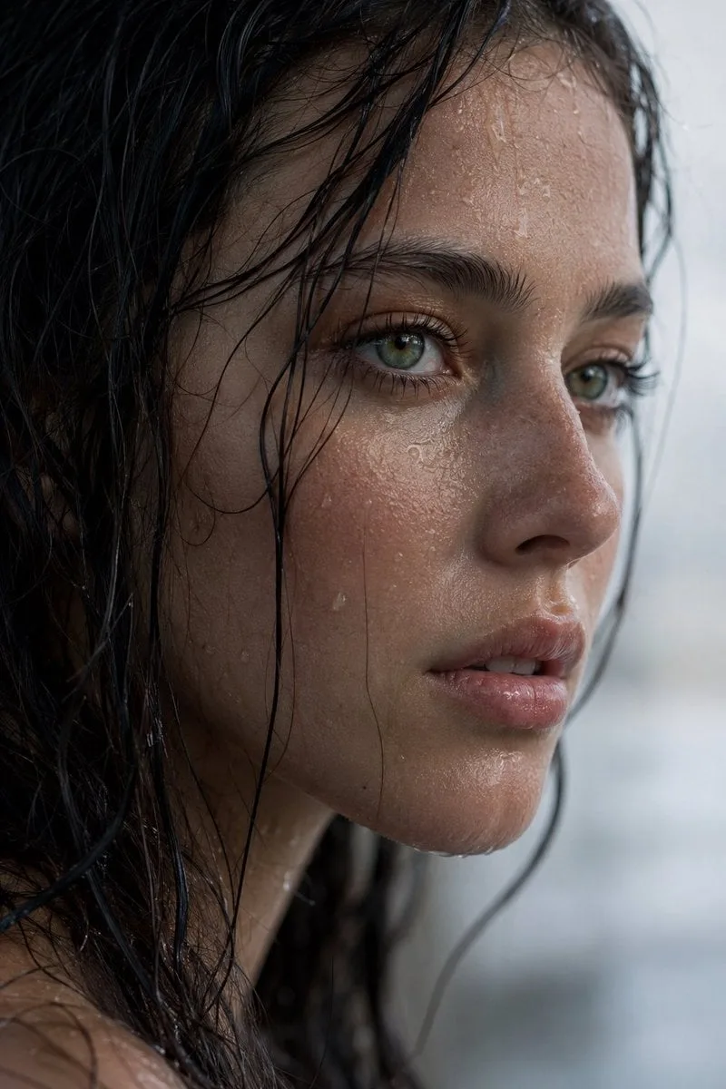 Extreme wet close-up portrait of a young woman in side pr...