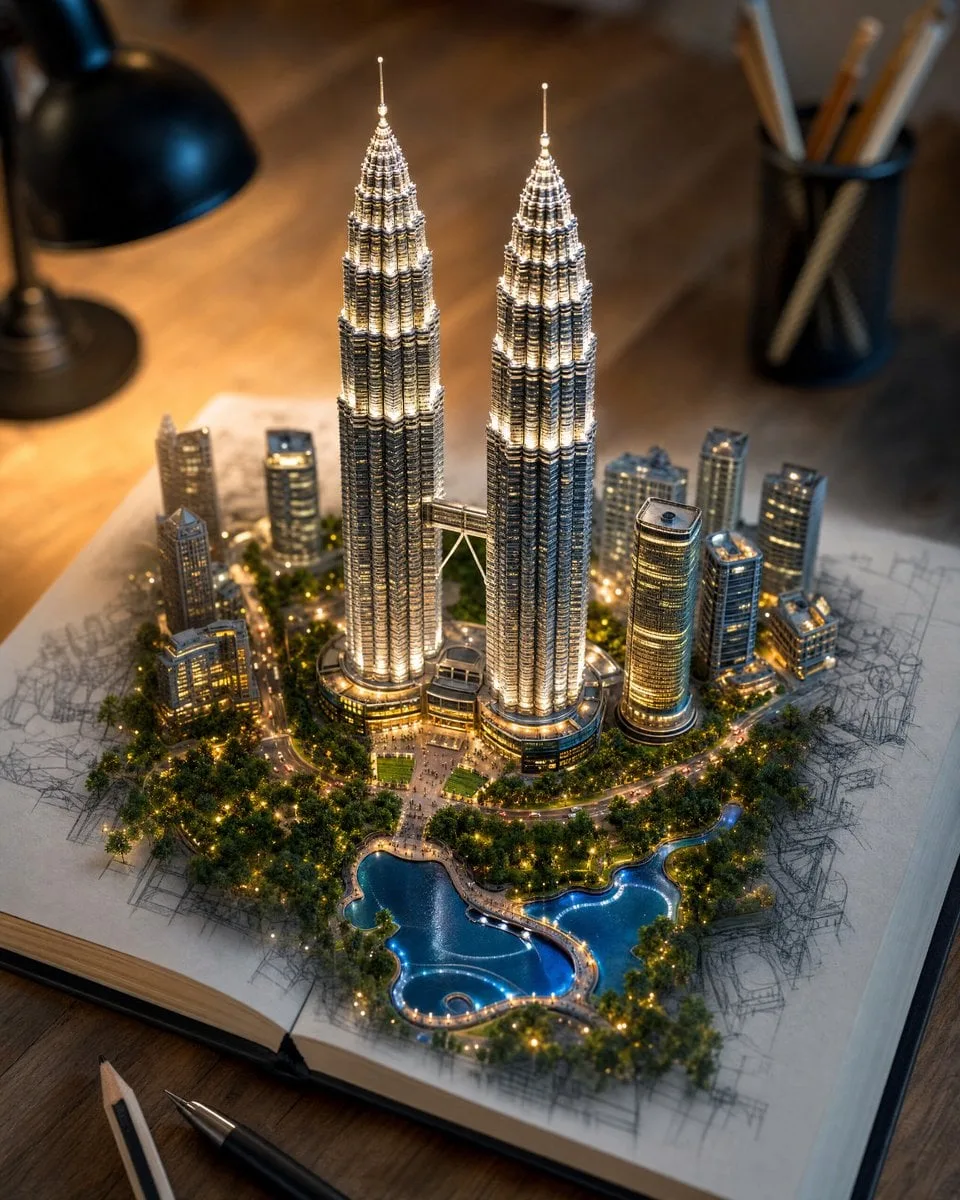 Create a hyper-realistic 3D miniature diorama of [LANDMAR...