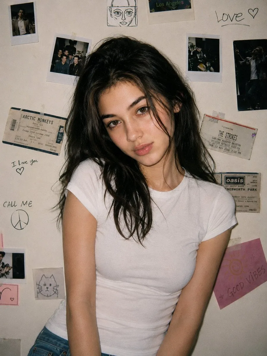 A young woman with the same unchanged face, pale soft com...