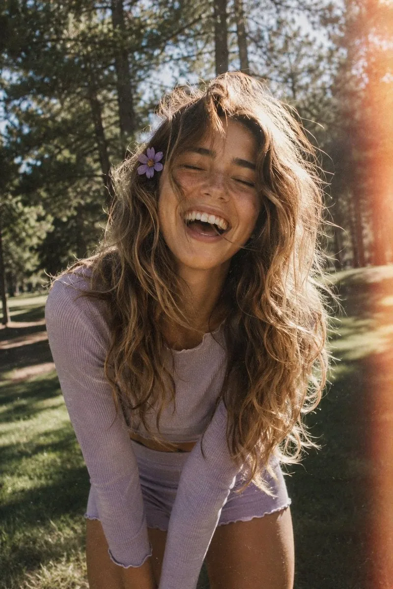 A candid, film-style portrait of a joyful young woman wit...