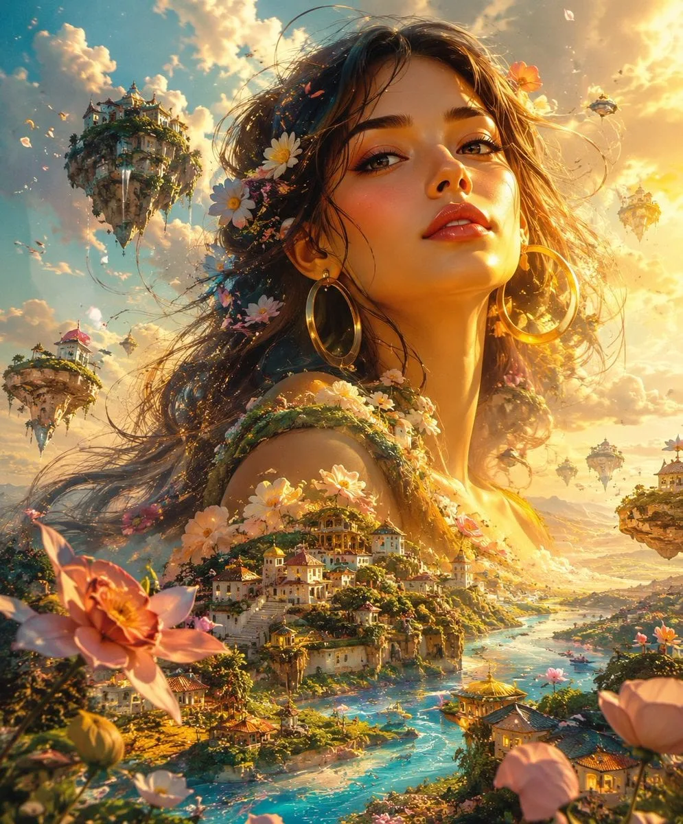 A giant ethereal woman with glowing skin, glossy lips, da...