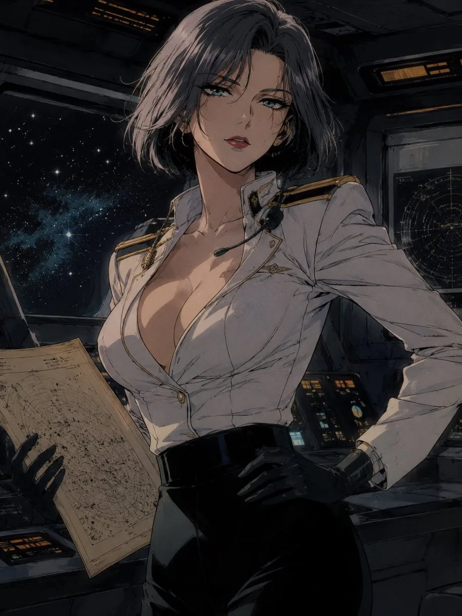A beautiful adult woman, age 30, with retro space captain...