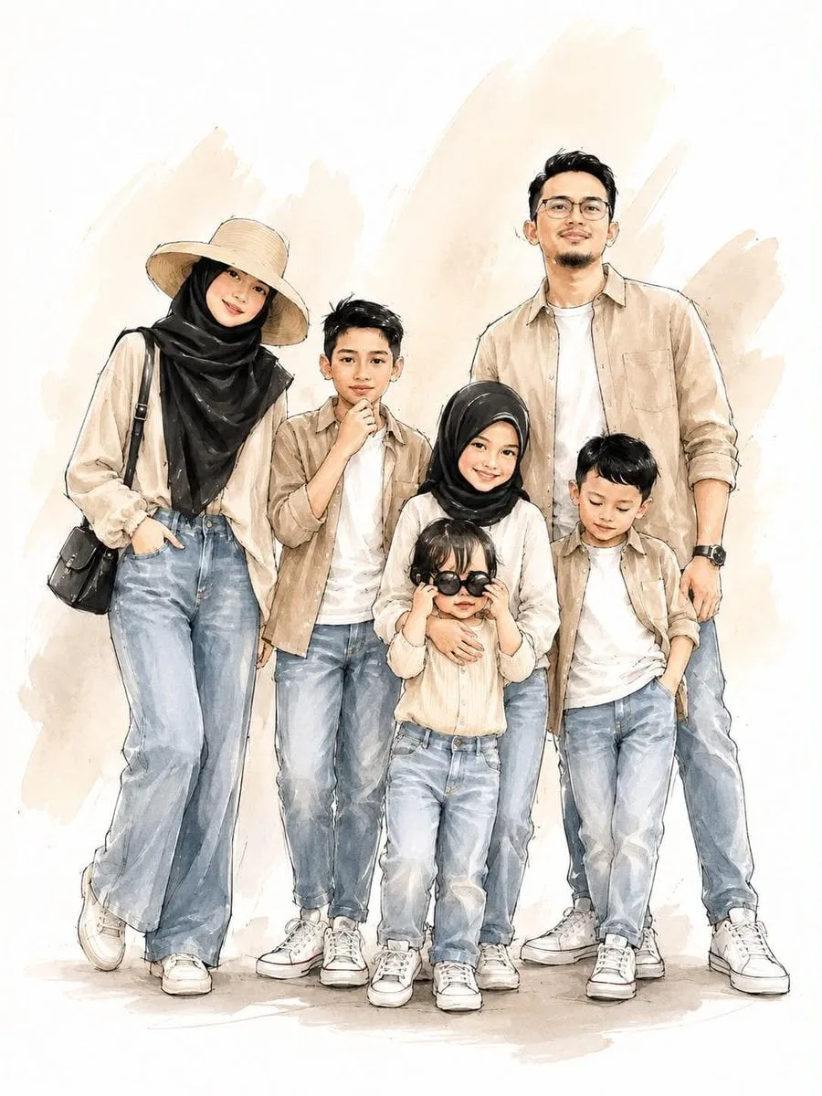 A stylish family standing together, digital watercolor an...